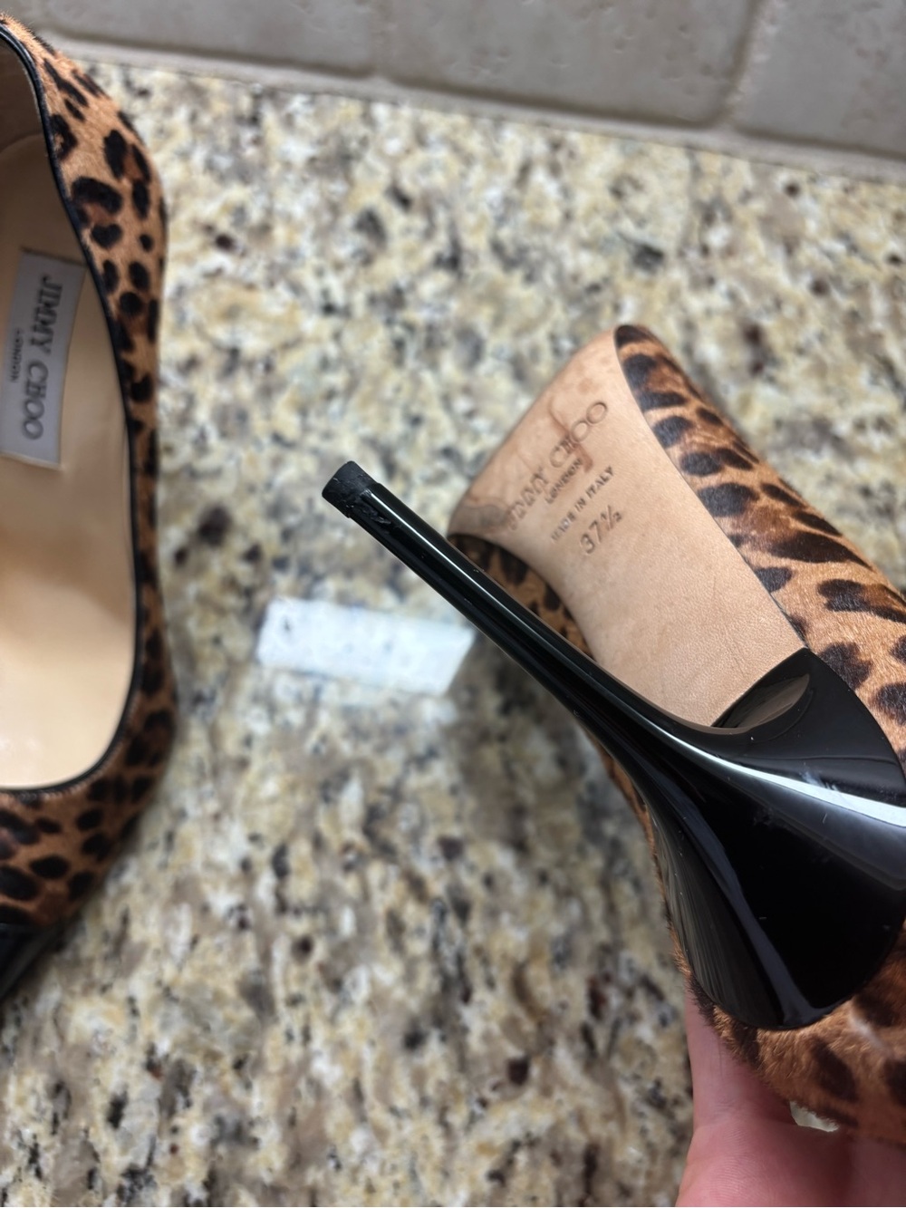 Jimmy Choo Leopard-Print Pumps with Black Patent Pointed Toe - Picture 7 of 9